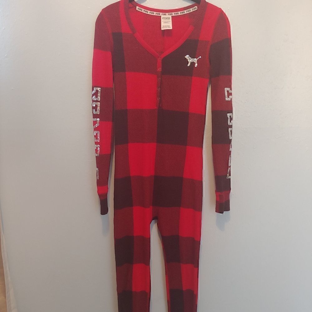 PINK Victoria's Long Sleeve Thermal Buffalo Plaid Trap Door Pajamas Size XS